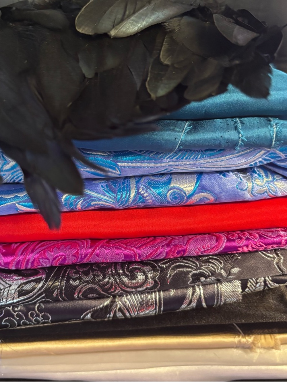 Colorful Fabric Remnants: Satin Brocade, Raw Silk, + Feather Trim Fabric Bundle